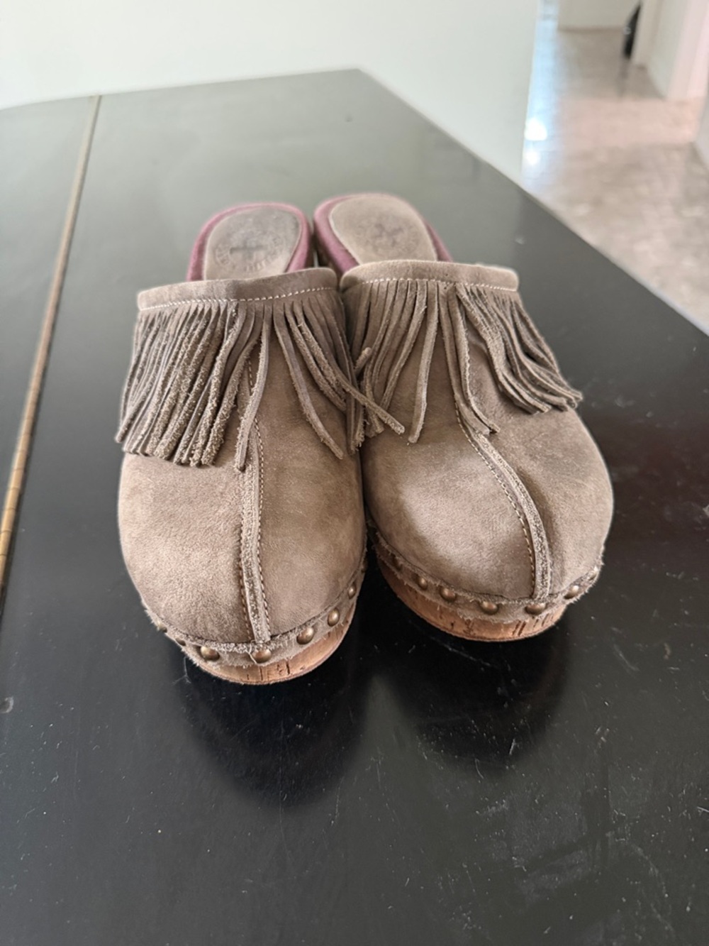 Fringe Suede Clog Mules in Taupe - Women